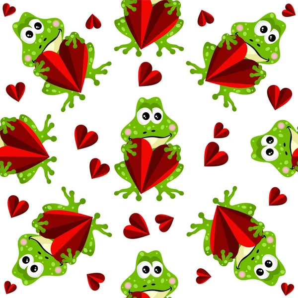 Seamless pattern with frogs and hearts — Stock Vector