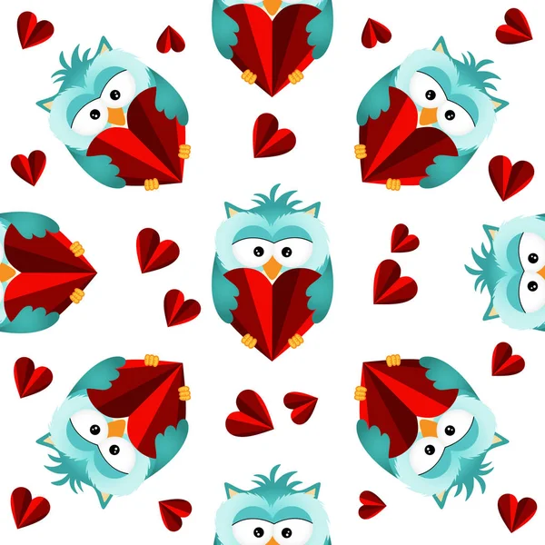 Seamless pattern with owls and hearts — Stock Vector