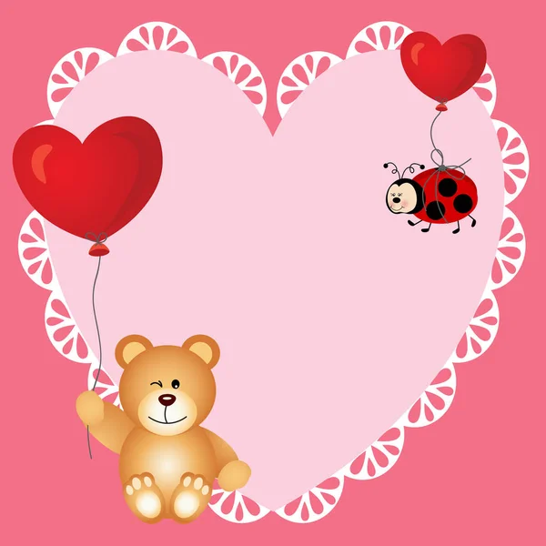 Heart love card mit Teddybär und Marienkäfer — Stockvektor