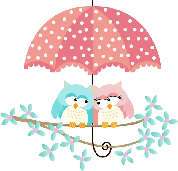 Sevimli baykuşlar çift şemsiyesi altında — Stok Vektör