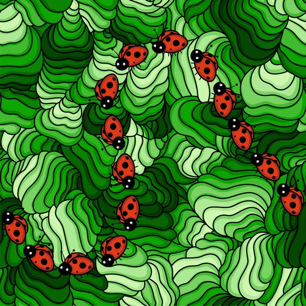 瓢虫与绿叶夏天无缝背景 — 图库矢量图片