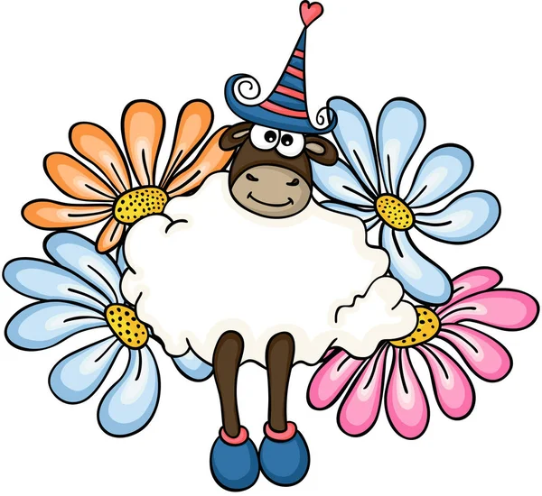 Schattig schaap met bloemen — Stockvector