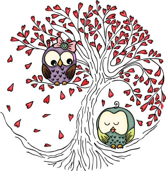 Ζευγάρι κουκουβάγιες στο δέντρο της αγάπης — Διανυσματικό Αρχείο