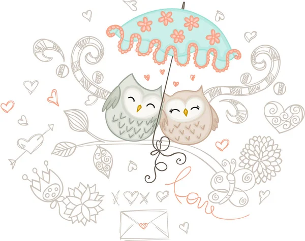 Αγάπη ζευγάρι από κουκουβάγιες με ομπρέλα — Διανυσματικό Αρχείο