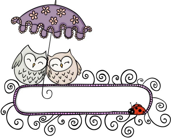 Blank banner with cute couple owls under umbrella — Stock Vector