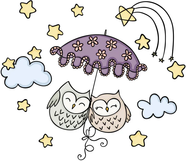 Cute couple owls flying away on an umbrella — Stock Vector