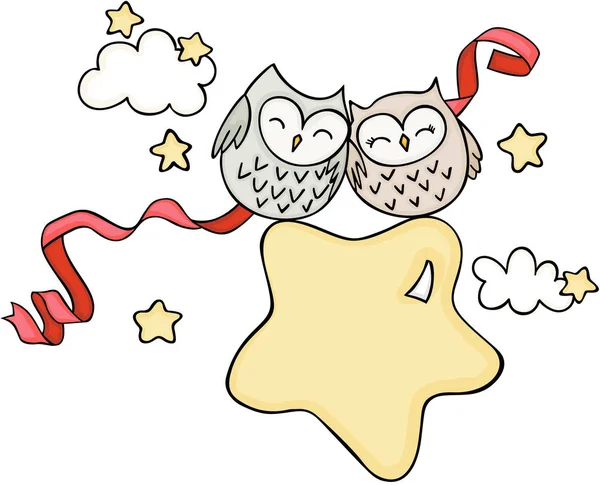 Cute couple owls on star — Stock Vector