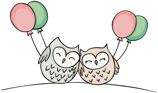 Chouettes couple mignon avec ballons — Image vectorielle