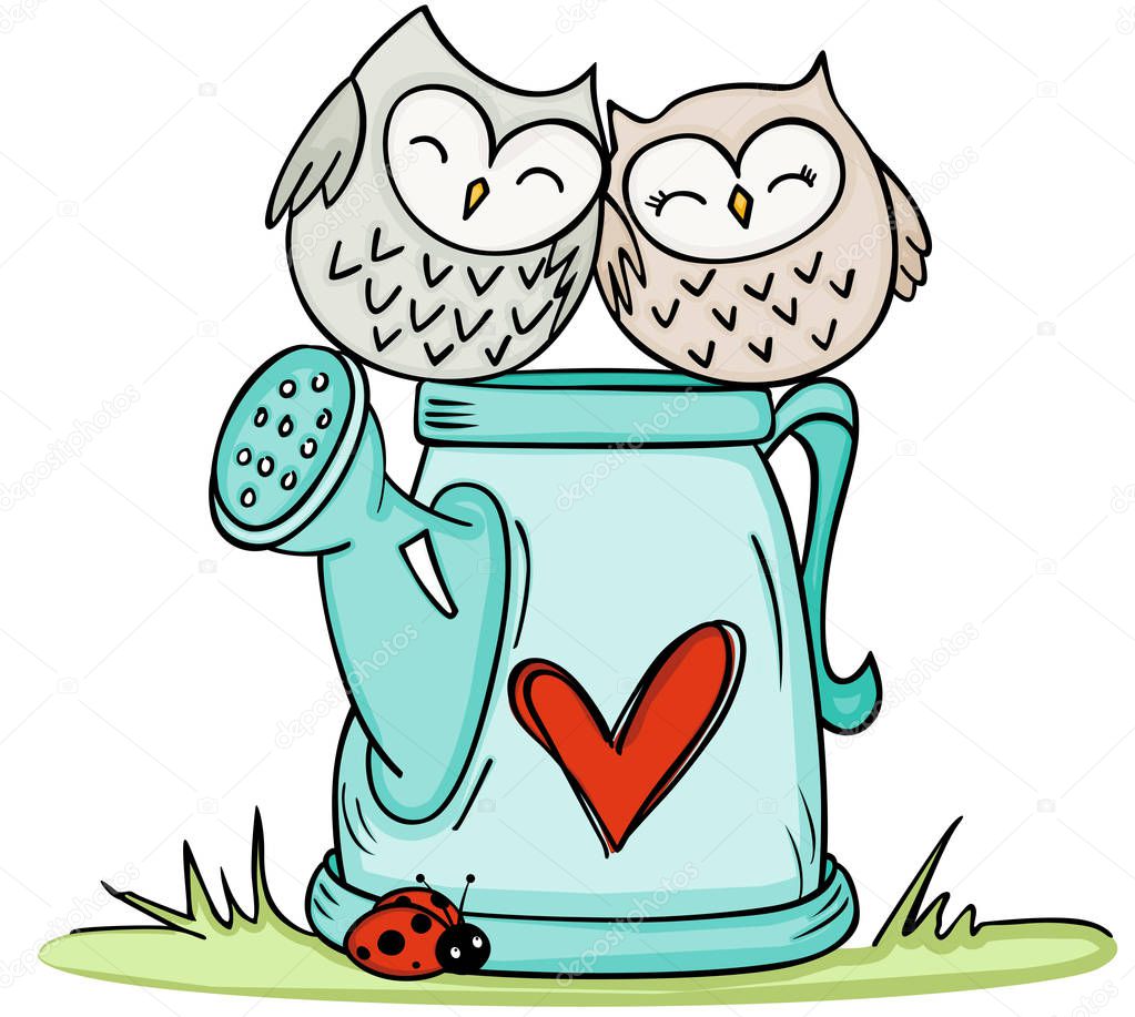 Cute couple owls on love watering can