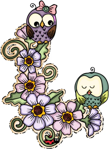 Chouettes couple mignon avec des fleurs — Image vectorielle