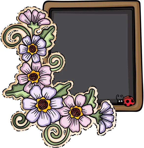 Tableau noir avec fleurs et coccinelle — Image vectorielle