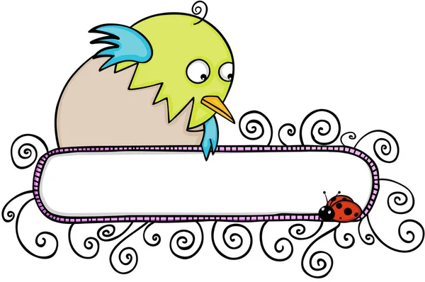 Χαριτωμένο μωρό πουλί με κενό banner και πασχαλίτσα — Διανυσματικό Αρχείο