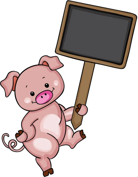 Boş tahta işaret tutan şirin domuz — Stok Vektör