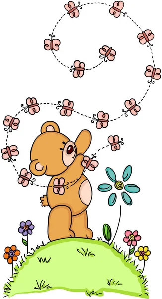 Teddybeer en vlinders — Stockvector