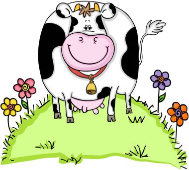 Sevimli inek yeşil çimen çiçekler