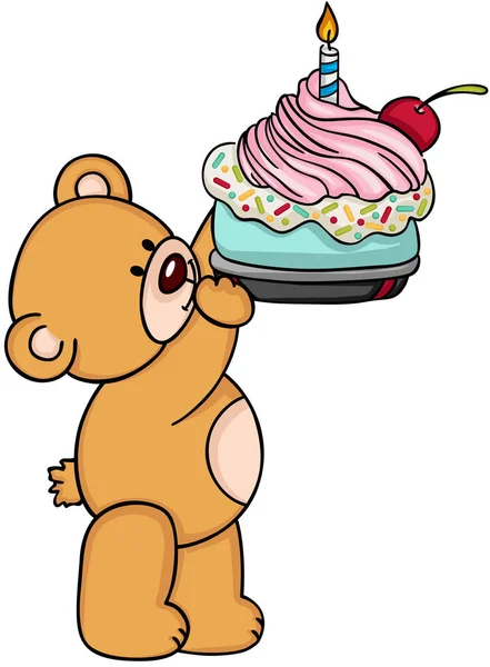 誕生日ケーキをもたらすかわいいテディベア — ストックベクタ