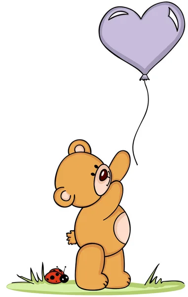 Teddybär mit Luftballon und Marienkäfer — Stockvektor