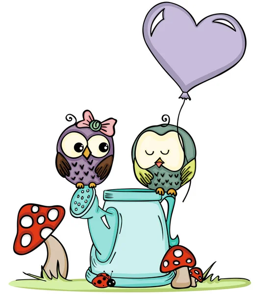 Cute owls on love watering can — Stock Vector