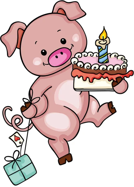 Süßes Schwein mit Geburtstagstorte und Geschenk — Stockvektor