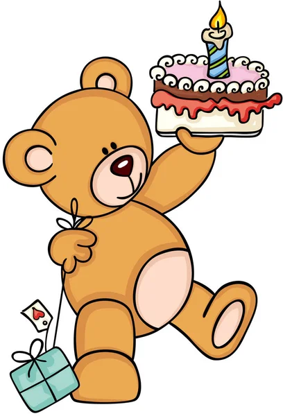 Teddybeer holding verjaardagstaart en cadeau — Stockvector