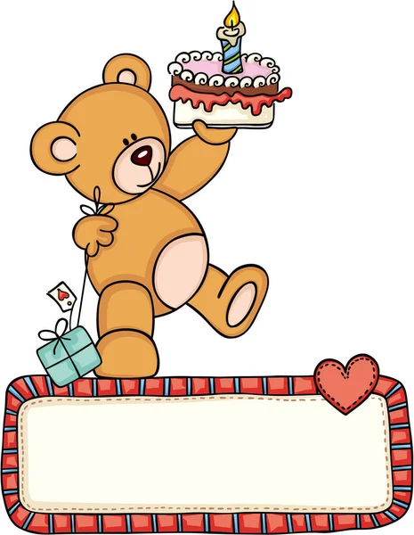 Teddy beer holding verjaardagstaart en kado bij leeg teken van liefde — Stockvector