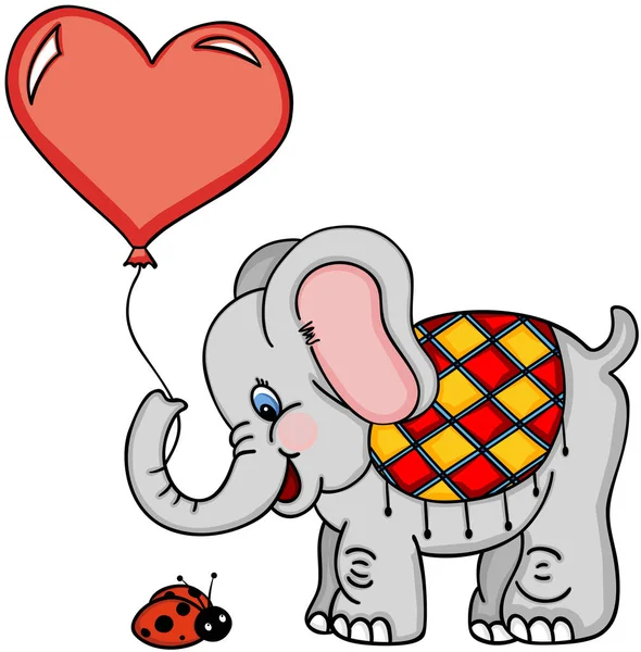 Cute elephant with balloon and ladybug — Stock Vector