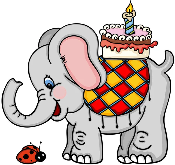 Lindo elefante con pastel de cumpleaños y mariquita — Archivo Imágenes Vectoriales