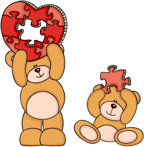 Teddy bears met hartvormige puzzel — Stockvector