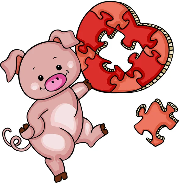 Lindo cerdo con rompecabezas en forma de corazón — Vector de stock