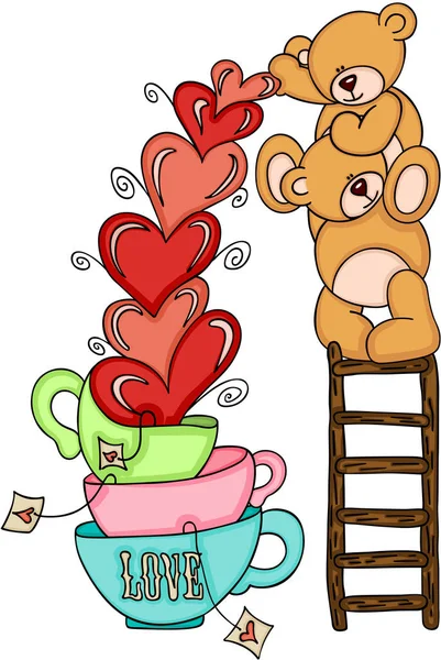 Osos de peluche en la escalera superior con corazones tazas de amor — Vector de stock