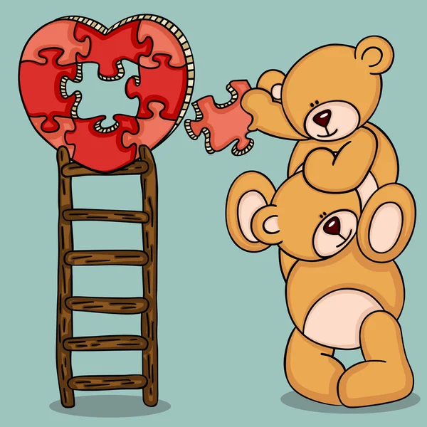 Teddy bears met hartvormige puzzel op de top van de ladder — Stockvector