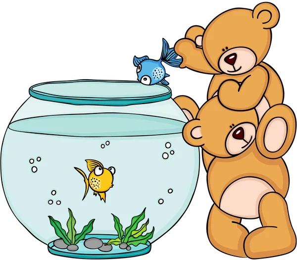 Teddy urso colocar um peixe azul em um aquário —  Vetores de Stock