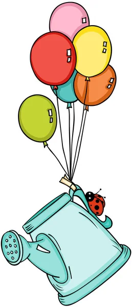 Regando lata com joaninha voando com balões —  Vetores de Stock