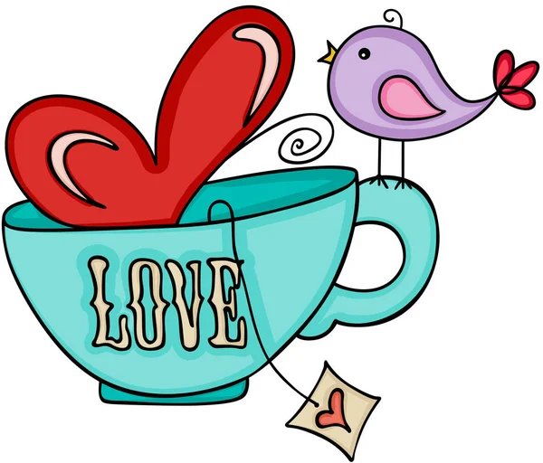 Amor xícara de chá e pássaro bonito — Vetor de Stock