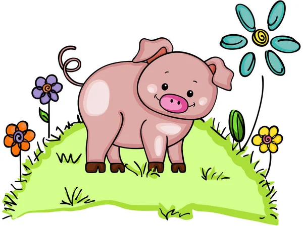 Lindo cerdo en hierba verde con flores — Vector de stock