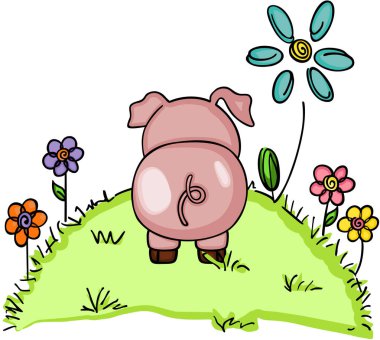 Yeşil çimen çiçekler ile şirin domuz