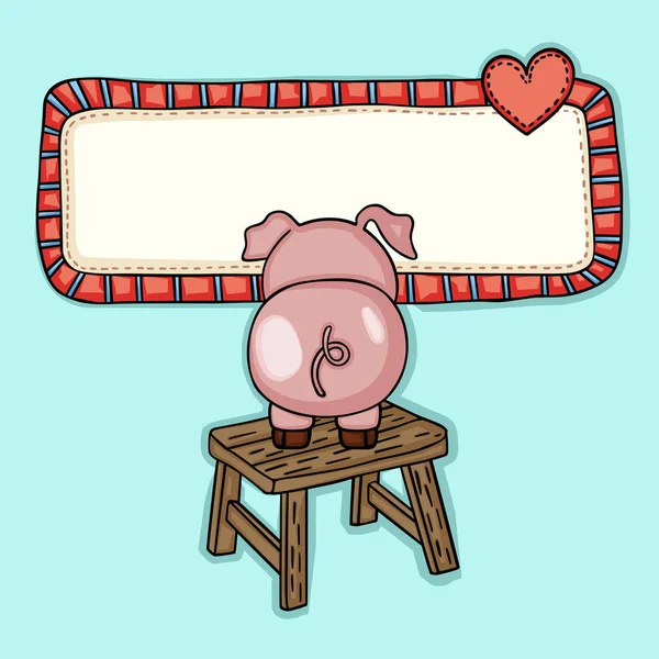 Hälsningen postkorten med lilla grisen upp träpall — Stock vektor