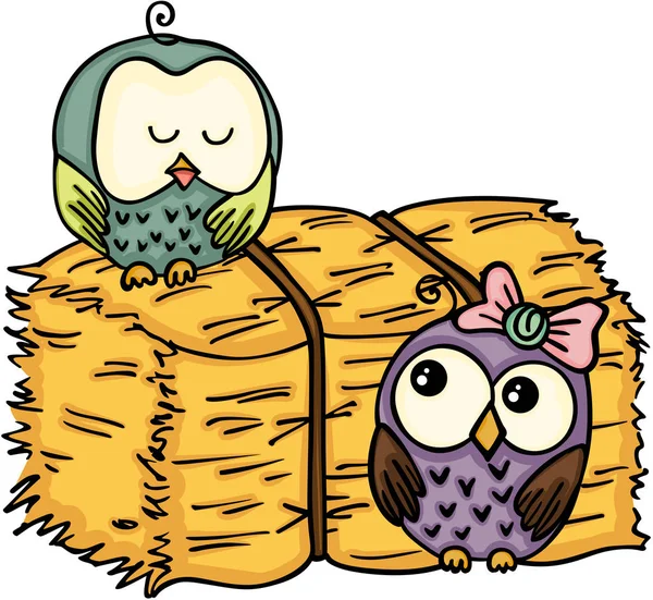 Couple owl with bale of hay — Stock Vector