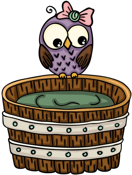 可爱的猫头鹰与木制浴缸洗个澡 — 图库矢量图片