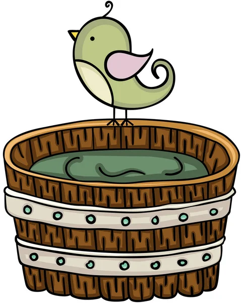 Roztomilý ptáček s dřevěnou vanou pro lázně — Stockový vektor