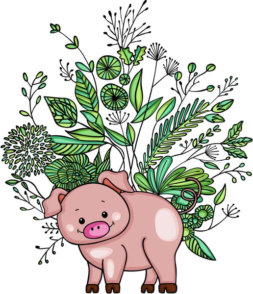Cerdo pequeño con malas hierbas verdes — Archivo Imágenes Vectoriales