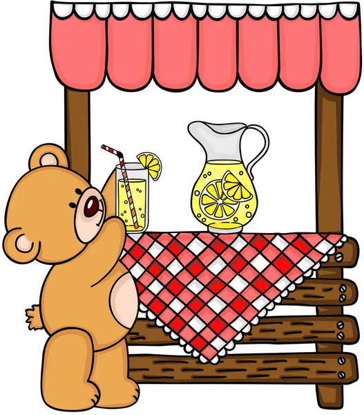 Teddybär und hölzerner Limonadenständer Cliparts — Stockvektor