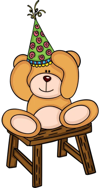 Ours en peluche avec chapeau d'anniversaire assis sur un tabouret en bois — Image vectorielle