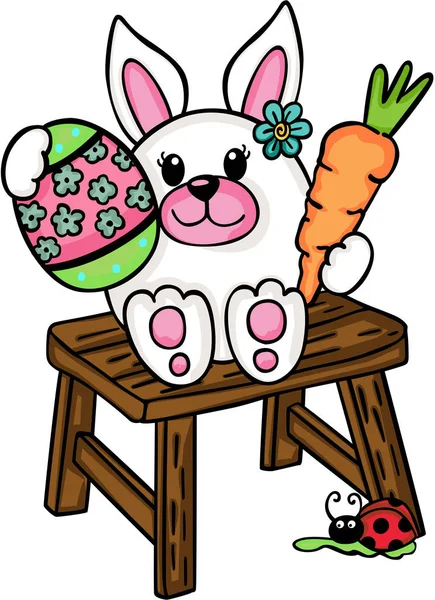 Cute Easter bunny sitting on wooden stool — Stock Vector