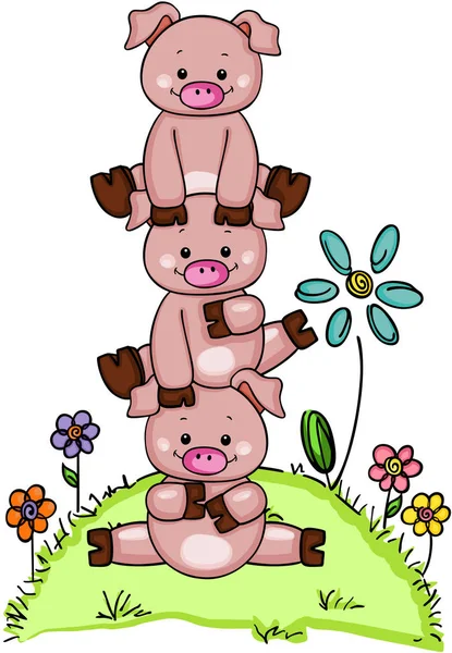 Pile de trois petits cochons dans le jardin avec des fleurs — Image vectorielle