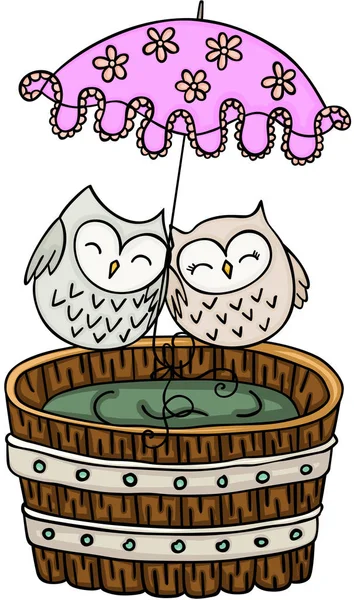 Couple owls with umbrella on wooden tub for a bath — Stock Vector
