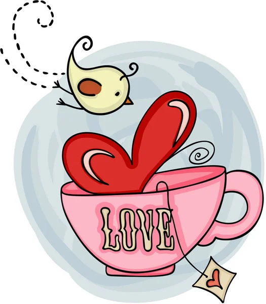 Aşk çay bardağı ve kuş — Stok Vektör