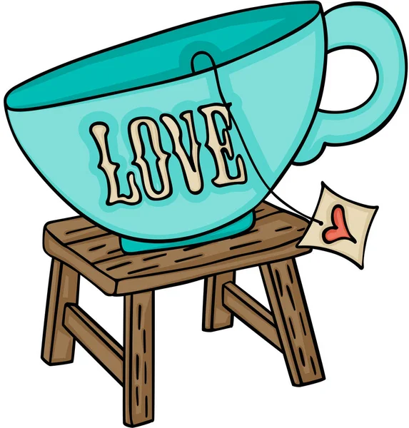 Amore tazza di tè in cima sgabello di legno — Vettoriale Stock