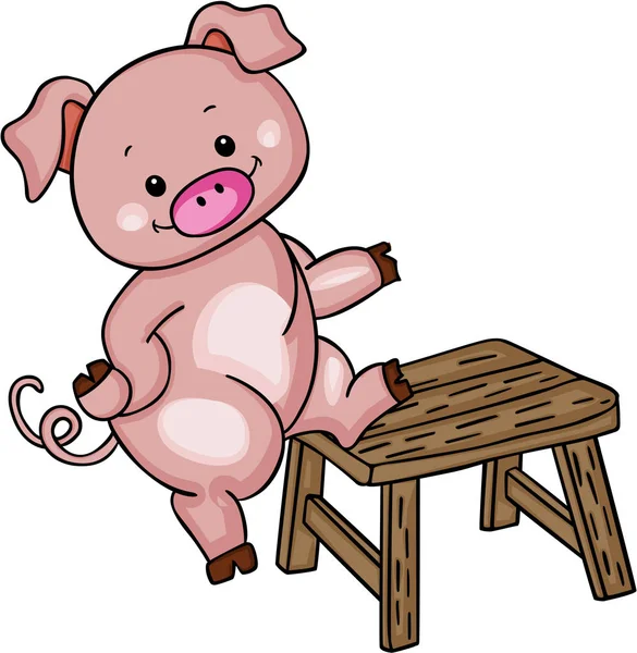 Piggy grimpant sur un petit banc en bois — Image vectorielle