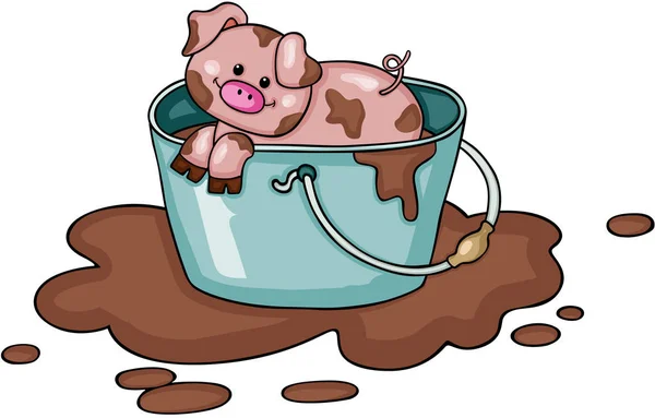 Μικρό γουρούνι στο κουβά γεμάτο λάσπη — Διανυσματικό Αρχείο